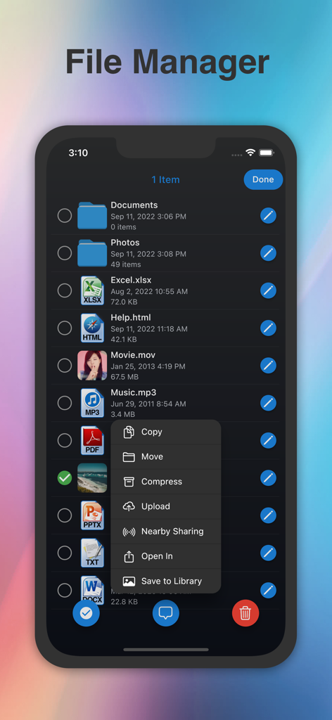 Phone Drive Pro: File Sync - File manager interface in Phone Drive Pro showing a list of folders and files with a context menu open