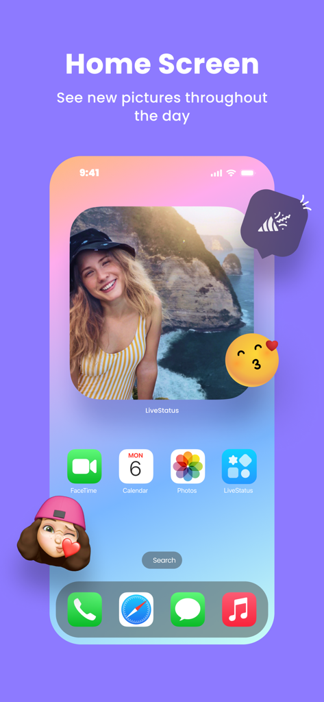 LiveStatus - App for couples - iPhone home screen featuring the LiveStatus photo widget with couple pictures and emoji stickers