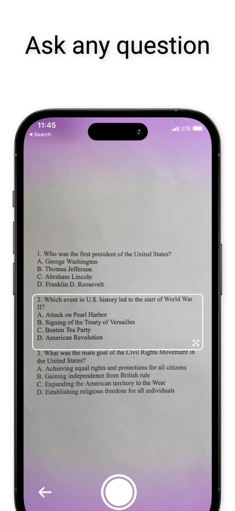 Quiz-AI - Smartphone scanning a multiple choice question on a paper using Quiz AI