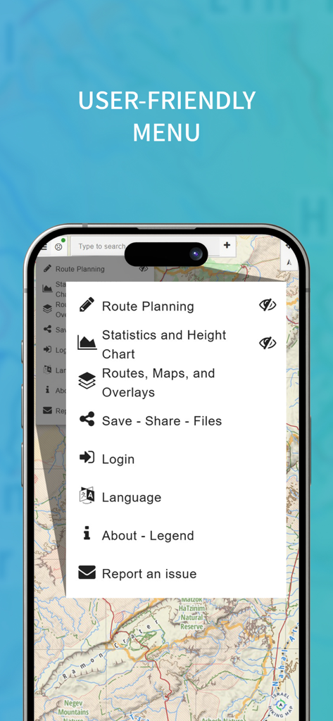 Mapeak mobile app user interface displaying a navigation menu with route planning and map options over a topographic map of the Israeli backcountry.