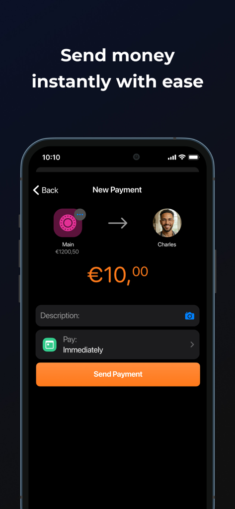 bunq - Screenshot of the bunq app showing the interface to send a 10 Euro payment instantly to a contact named Charles