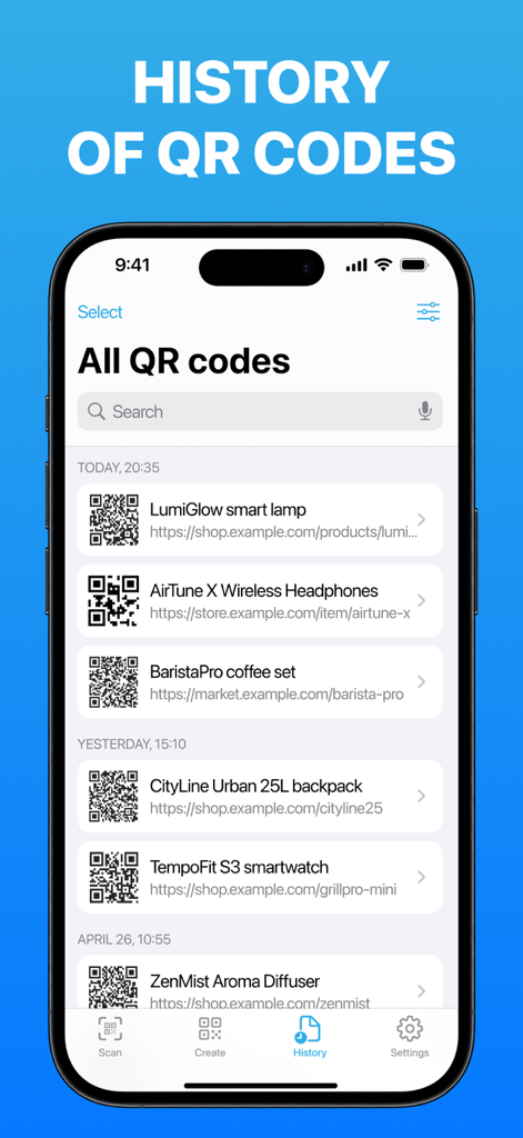 QR Code Scanner & Generator ++ - Organized list of scanned QR codes on a mobile app interface