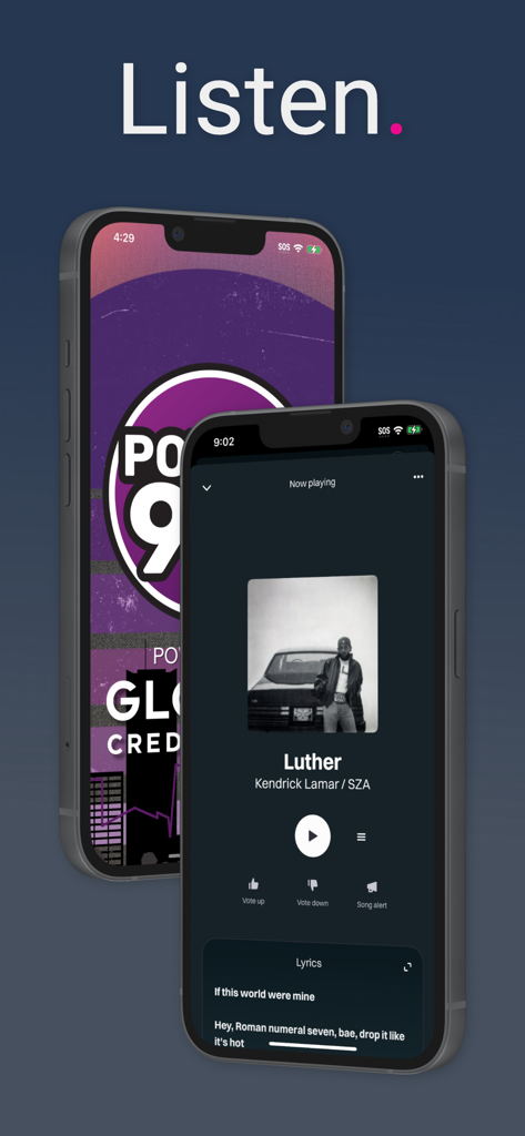 Power 98.3 & 96.1 - Aplicativo de rádio Power 98.3 e 96.1 mostrando a tela de reprodução com uma música de Kendrick Lamar.