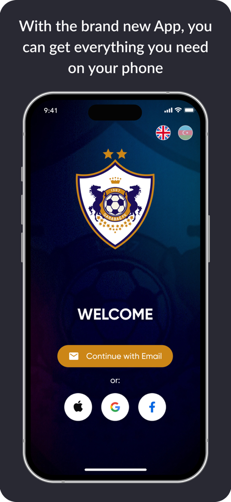 Qarabagh FK - Welcome screen of the Qarabagh FK official app showing the team crest and social login options
