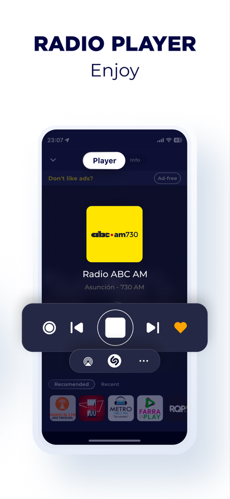 Radio Paraguay - Live FM & AM - Mobile screen showing the Radio Paraguay app player streaming ABC AM 730 with playback controls and station logo