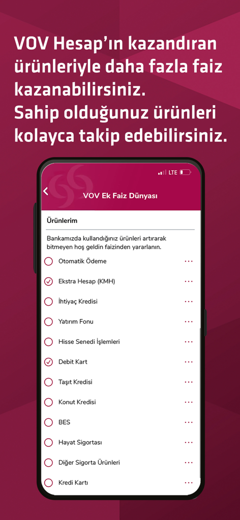 Alternatif Bank Mobile - Alternatif Bank Mobile app screen displaying a list of banking products to earn VOV additional interest