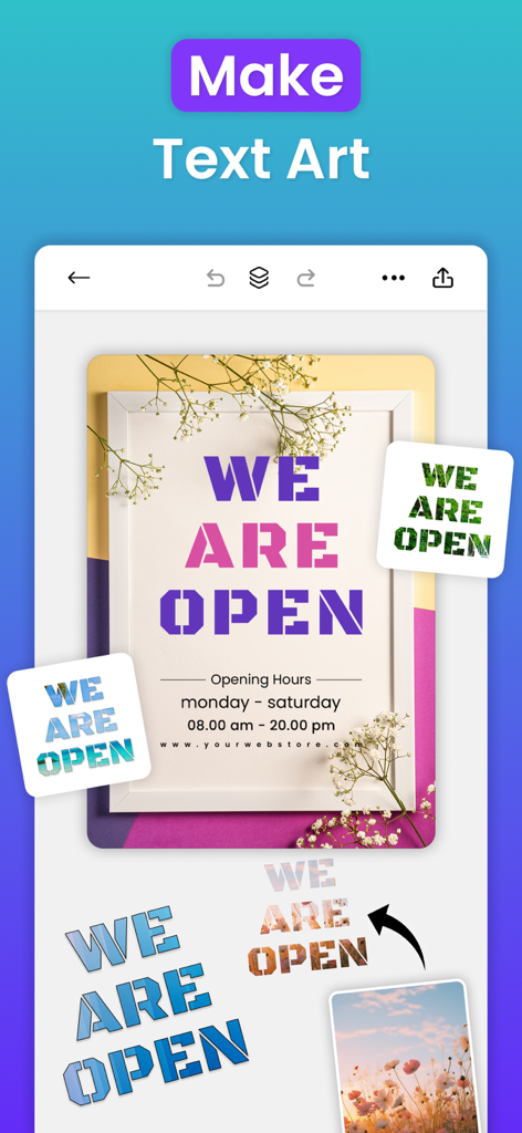 ビジネスオープニングポスター用のカスタマイズ可能なテキストアートスタイルを示すグラフィックデザインアプリインターフェイス