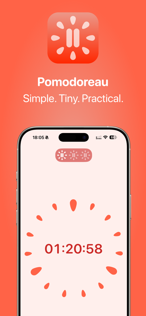 Pomodoreau - Minimalist countdown timer interface of the Pomodoreau app on an iPhone screen.
