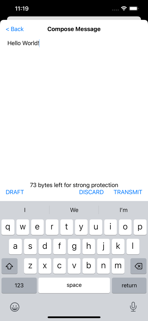 Rattlegram - Interface for composing a digital message in Rattlegram showing the text Hello World and a transmit button