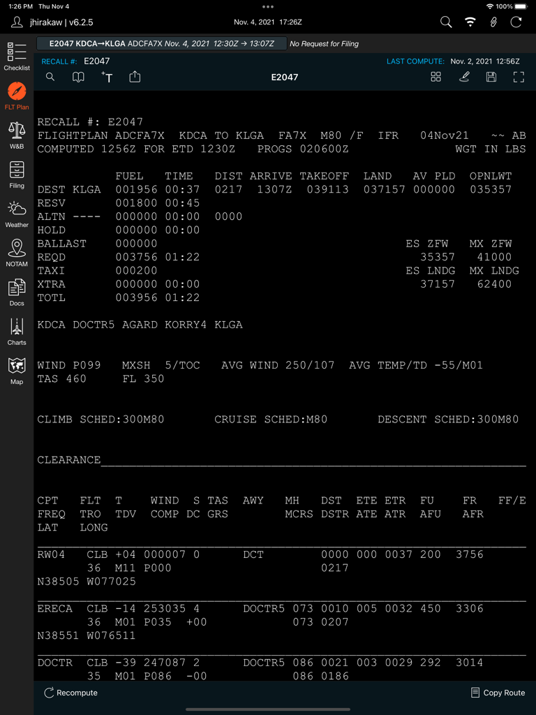 ARINCDirect app interface displaying a detailed flight plan and navigation log on an iPad