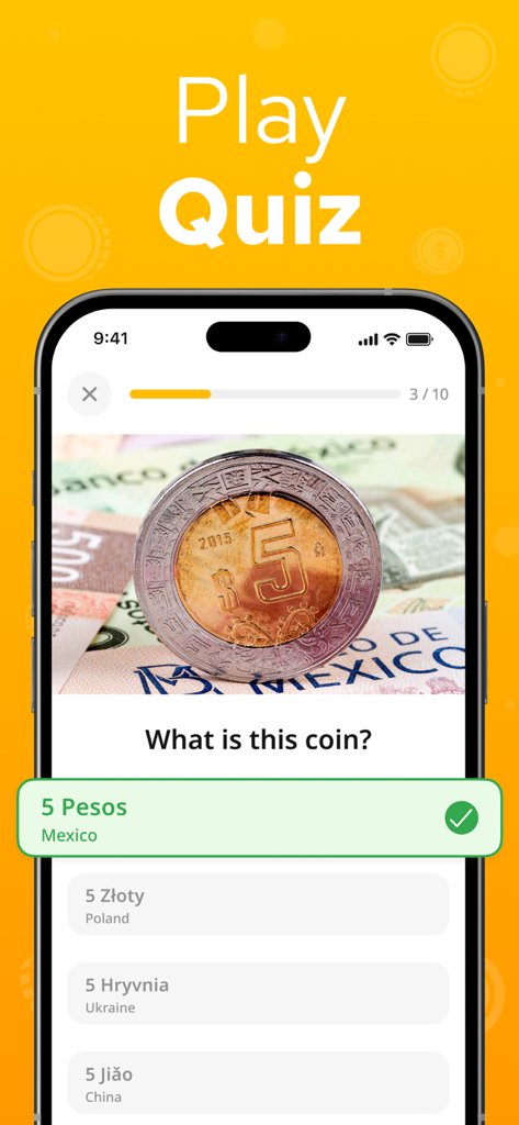 Coin Identifier - Coinum - Ein Quiz in der Coin Identifier App, das eine Frage zur Identifizierung einer 5 Pesos Mexiko Münze zeigt.