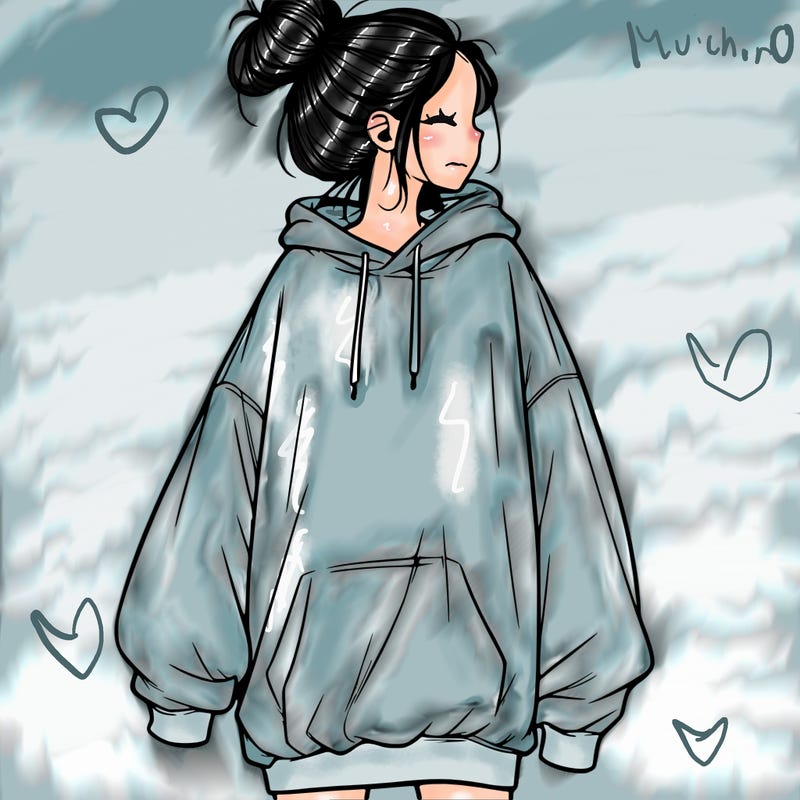 realistic girl with a oversized sweatshirt on and a bun