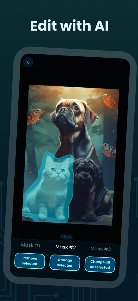 Uma interface móvel para o aplicativo GenZArt mostrando uma ferramenta de edição de IA que usa máscaras para selecionar e modificar objetos específicos em uma imagem gerada