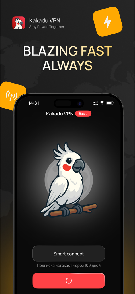 Kakadu VPN app screen displaying its cockatoo mascot and blazing fast connection message