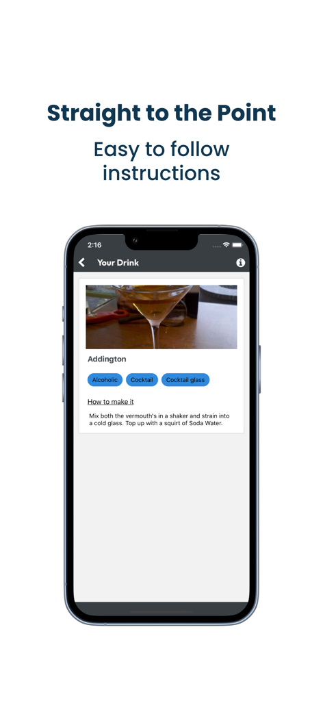 Cocktail Book - Smartphone-Bildschirm mit einem einfachen Cocktail-Rezept für ein Addington-Getränk mit Schritt-für-Schritt-Anleitung
