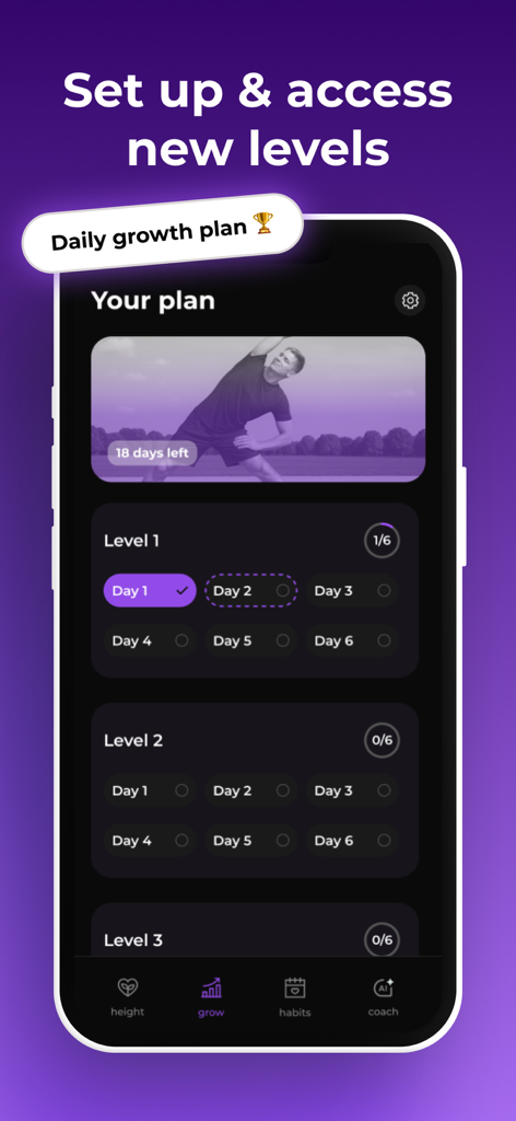 Tallex: AI Taller Workout App - Interface of the Tallex AI Taller Workout App showing a daily growth plan with progressive levels and daily exercises.