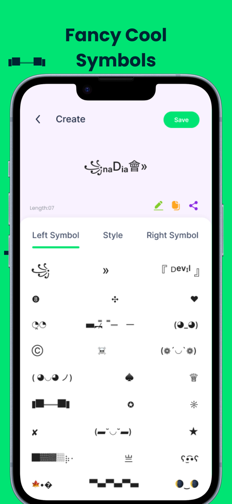 App-Oberfläche, die eine Auswahl an ausgefallenen Symbolen und stylischen Schriftarten zur Erstellung von Gaming-Spitznamen anzeigt.