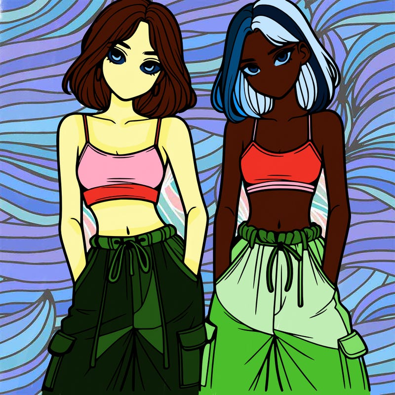 two girls with crop top with baggy pants
