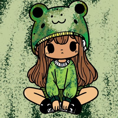 a girl wearing a frog hat and some frog socks