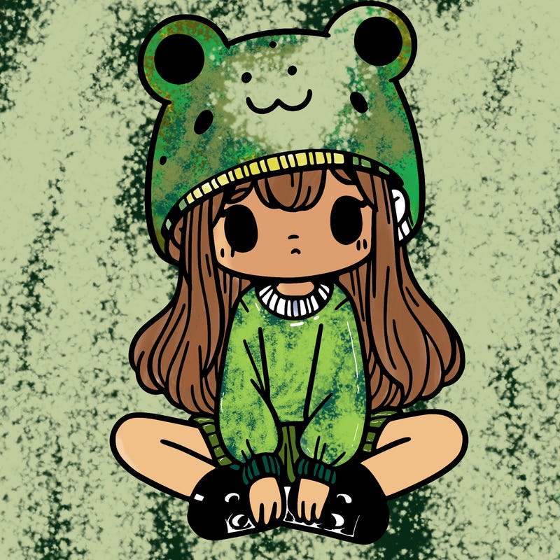 a girl wearing a frog hat and some frog socks