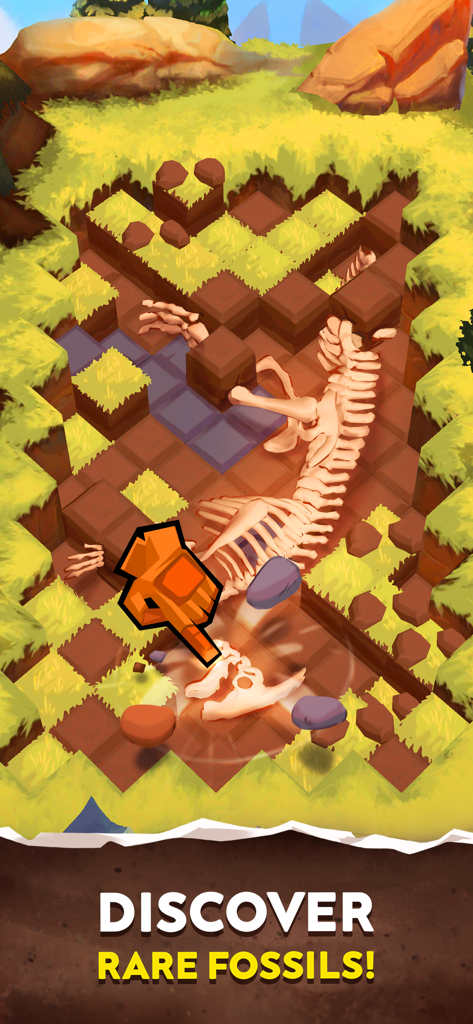 Excavating a dinosaur skeleton in a grid-based dig site in the Dino Quest 2 game