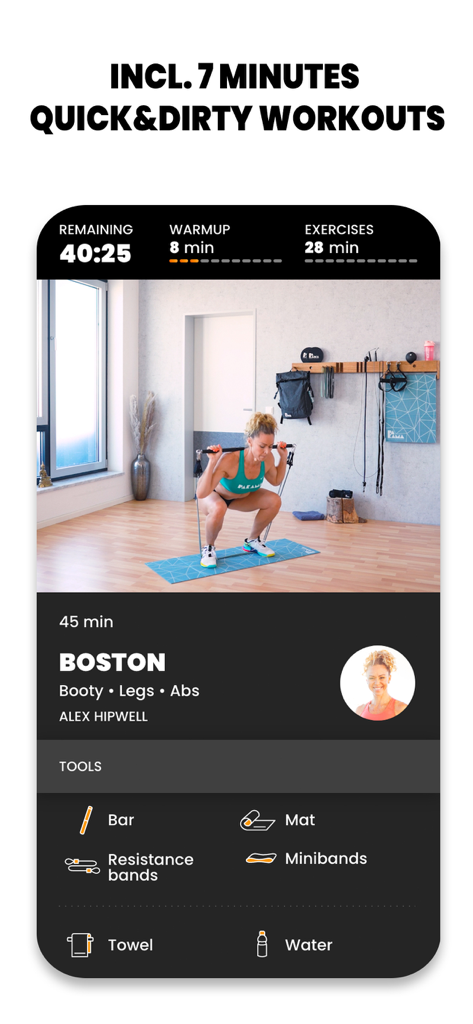 Fitness workout interface showing a woman performing squats with portable equipment in the PAKAMA athletics app.