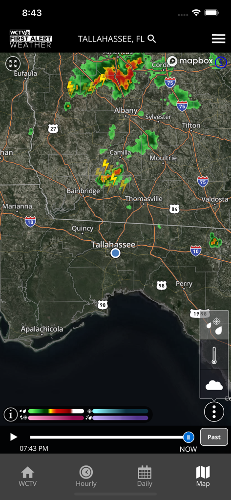 High resolution weather radar map showing storm activity and lightning over Tallahassee Florida and Southern Georgia on the WCTV First Alert Weather app.