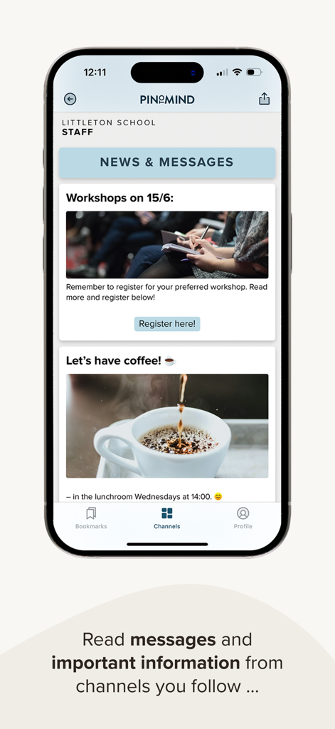 学校職員向けのニュースとメッセージを表示するPinToMind Goモバイルアプリ