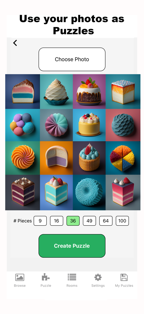 個人の写真からカスタムジグソーパズルを作成する方法を示すモバイルアプリインターフェース。