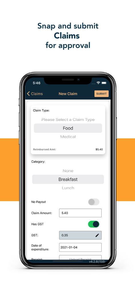 Payboy - Payboy mobile App-Bildschirm zur Einreichung eines neuen Geschäftsanspruchs mit Beleg-Upload