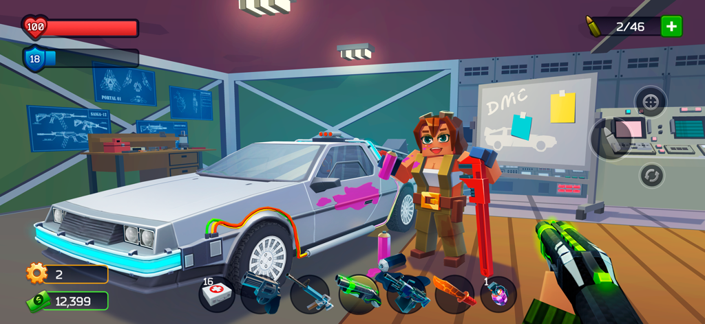 Pixel Combat: Zombie Games 3-D - Pixel Combat character standing next to a time machine car in a workshop with various weapons in the inventory bar