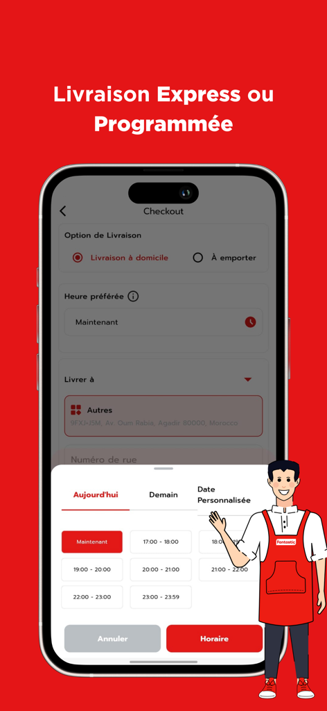 Fantastic: Orders Delivery - Pantalla de pago de la aplicación Fantastic que muestra opciones de entrega exprés y programada con un selector de intervalo de tiempo.