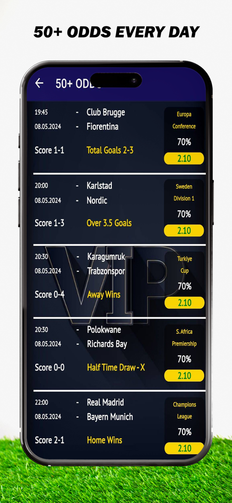 SuperTips app screen showing daily VIP football betting tips and odds for various leagues.