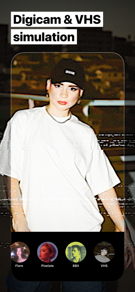 A portrait with a vintage VHS simulation effect in the Fuzion app