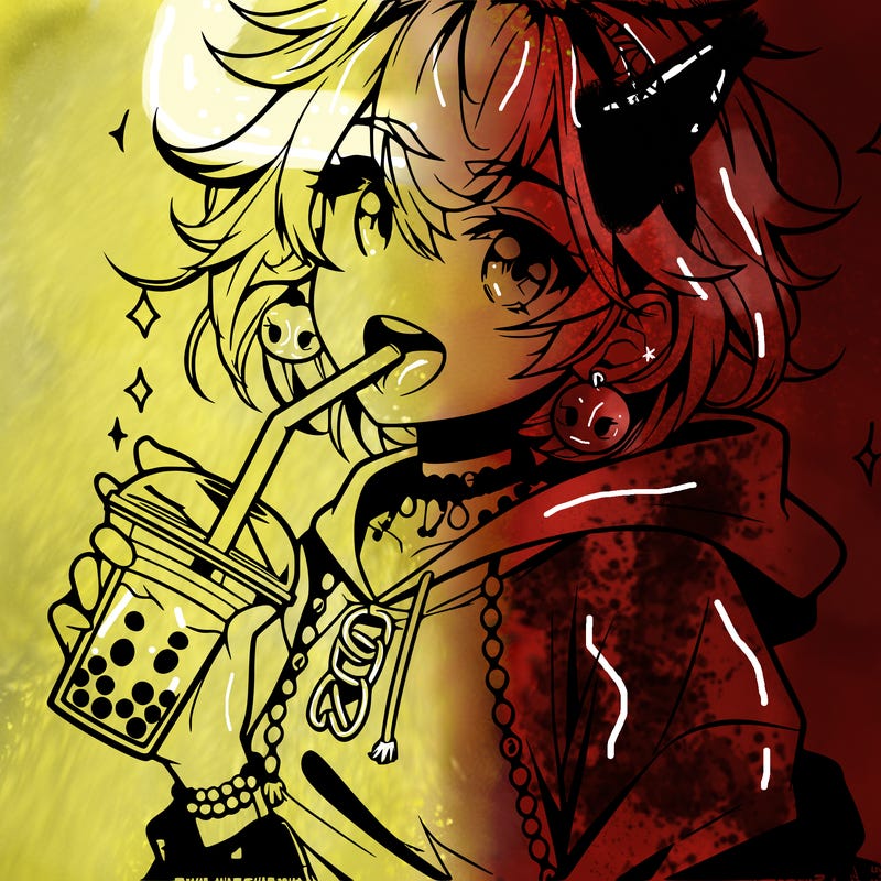 hot baddie anime girl drinking boba and biting the straw