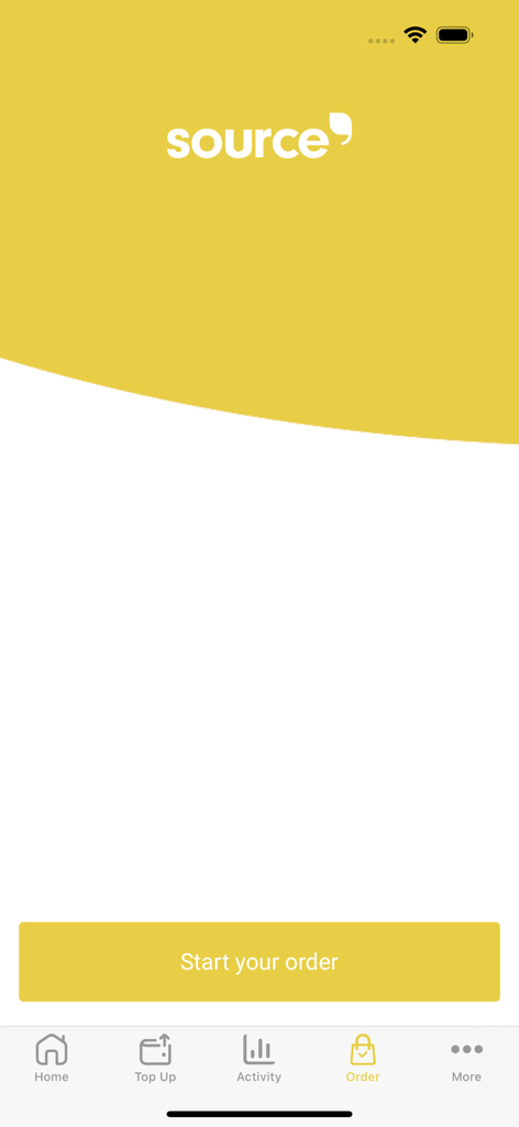 UoB Source Catering App - The order screen of the UoB Source Catering app featuring a yellow Start your order button and navigation menu.