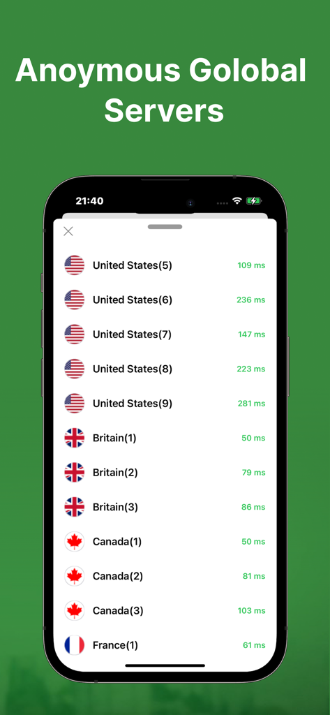 VPN - Fast VPN & Super VPN - A mobile app interface displaying a list of global VPN servers with connection speeds for the United States, Britain, Canada, and France.