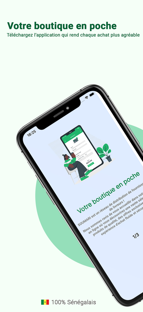 Soumari - Smartphone screen showing the Soumari app interface with the slogan Votre boutique en poche and 100 percent Senegalese badge.