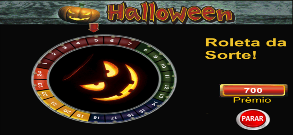Halloween Slots & Bingo Online - Roue de la roulette de la chance sur le thème effrayant avec une citrouille d'Halloween rougeoyante dans Halloween Slots and Bingo Online.