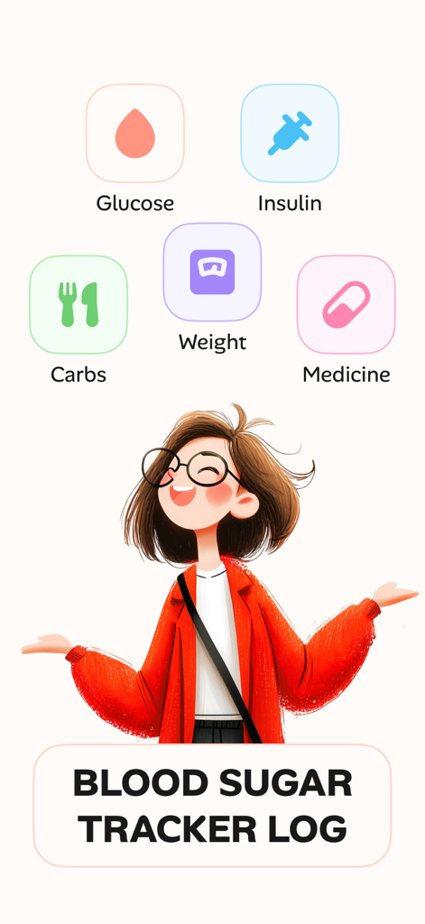 Blood Sugar - Tracker Log - Interfaz de la aplicación Blood Sugar Tracker Log mostrando categorías principales de registro como glucosa e insulina