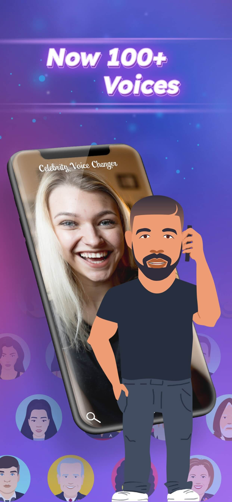 Marketing image for Celebrity Voice Changer Live showing a smartphone and celebrity avatars with text saying Now 100 plus Voices