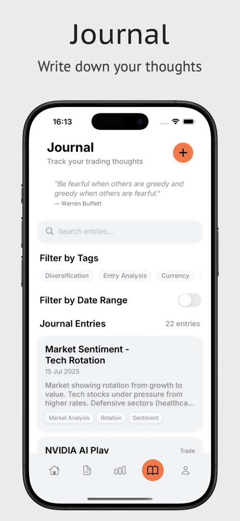 The Trading Journal App - A screenshot of the journal interface in The Trading Journal App showing trading notes and filterable tags