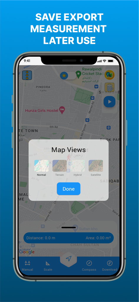 GPS Land Area Measure Live - Interface do aplicativo Medição de Área de Terreno GPS ao Vivo mostrando diferentes configurações de visualização de mapa, como satélite e terreno
