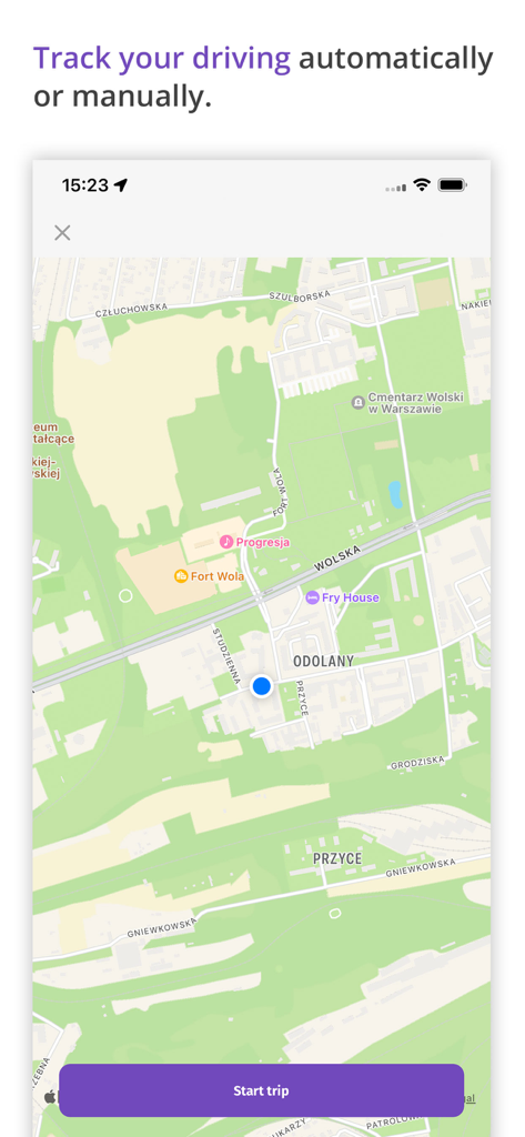 Acubiz - Interfaz de la aplicación Acubiz que muestra un mapa con seguimiento GPS de kilometraje y un botón Iniciar viaje