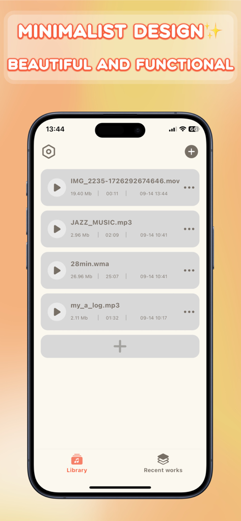 MP3 Converter & Ringtone Maker - Pantalla de smartphone que muestra la interfaz de biblioteca minimalista de la aplicación MP3 Converter and Ringtone Maker