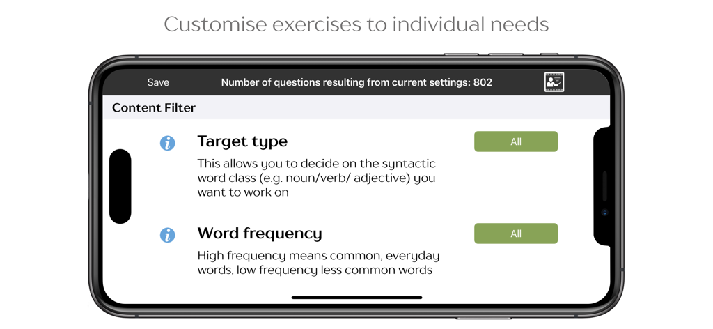 Pantalla de filtro de contenido de la aplicación Cuespeak que muestra opciones para personalizar los ejercicios de logopedia por tipo de objetivo y frecuencia de palabras
