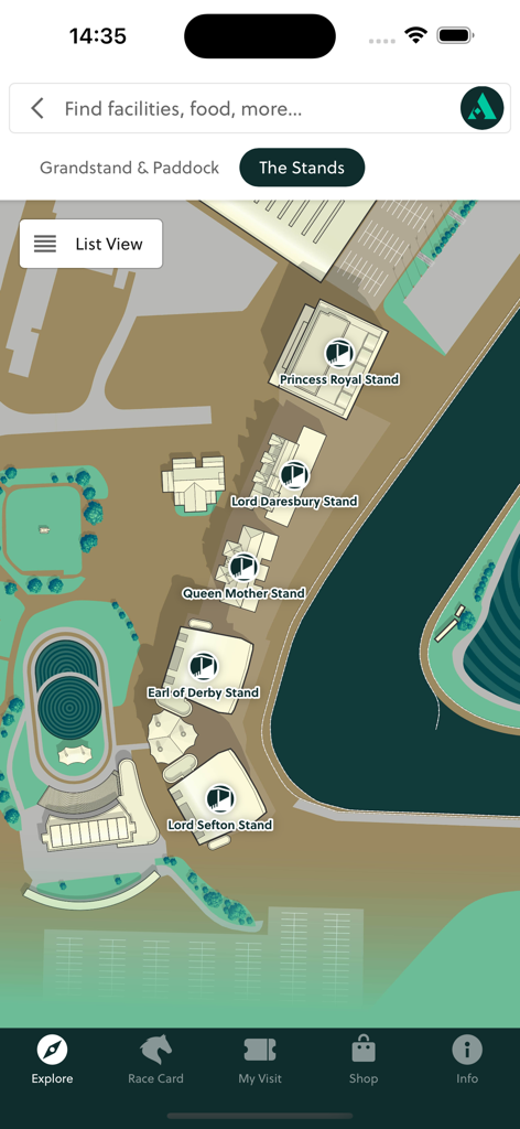 Aintree Racecourse - An interactive map view in the Aintree Racecourse app showing the locations of spectator stands like the Lord Sefton and Queen Mother Stand.