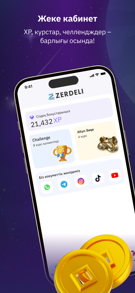 Zerdeli App - A smartphone screen displaying the Zerdeli App user profile with XP points and course challenges