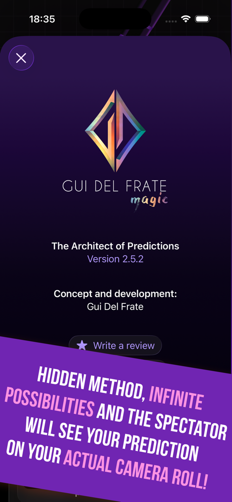 Intro screen for The Architect of Predictions magic app by Gui Del Frate featuring a message about camera roll predictions.