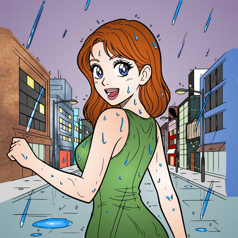 beautiful woman dancing in the rain in the city .